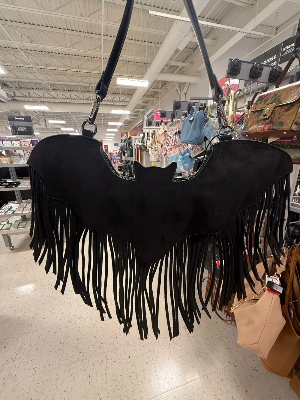 Betsey Johnson XOBLAIRE Black Bat Suede Fringe Shoulder Bag NWT